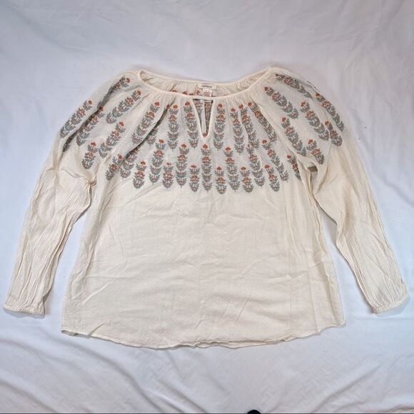 Sundance Embroidered Flowers Cotton Tunic Long Sleeve Off White Blouse L - Picture 1 of 4